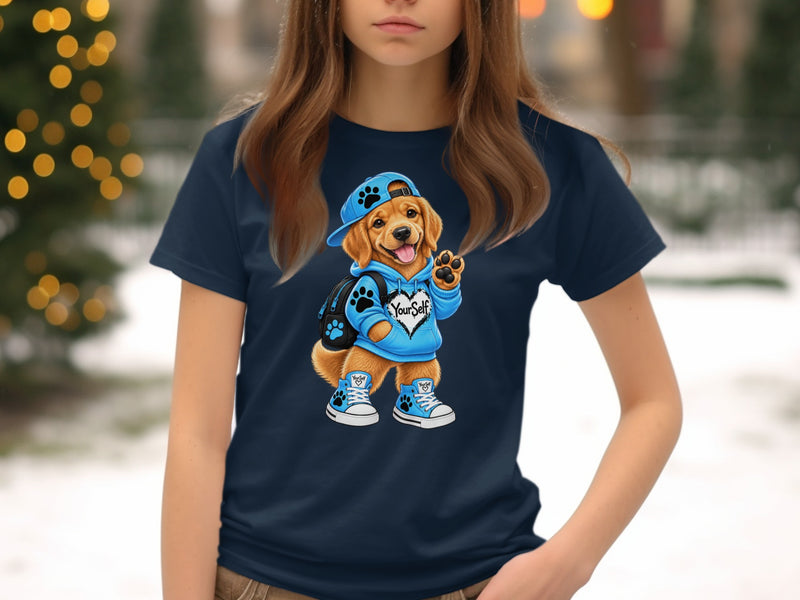 Load image into Gallery viewer, Golden retriever puppy wearing a blue hoodie, cap, backpack, and sneakers.
