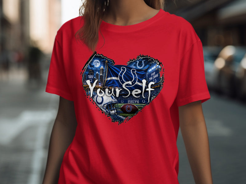 Load image into Gallery viewer, Indianapolis Colts football heart graphic with "Your Self" text on a red shirt.
