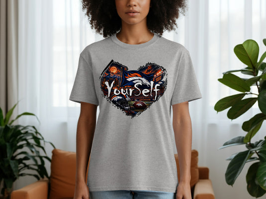 Grey t-shirt with a heart-shaped graphic featuring Denver Broncos elements and the text 