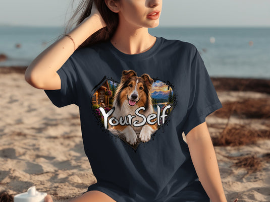 Sheltie dog in heart frame with cabin and mountains, text 