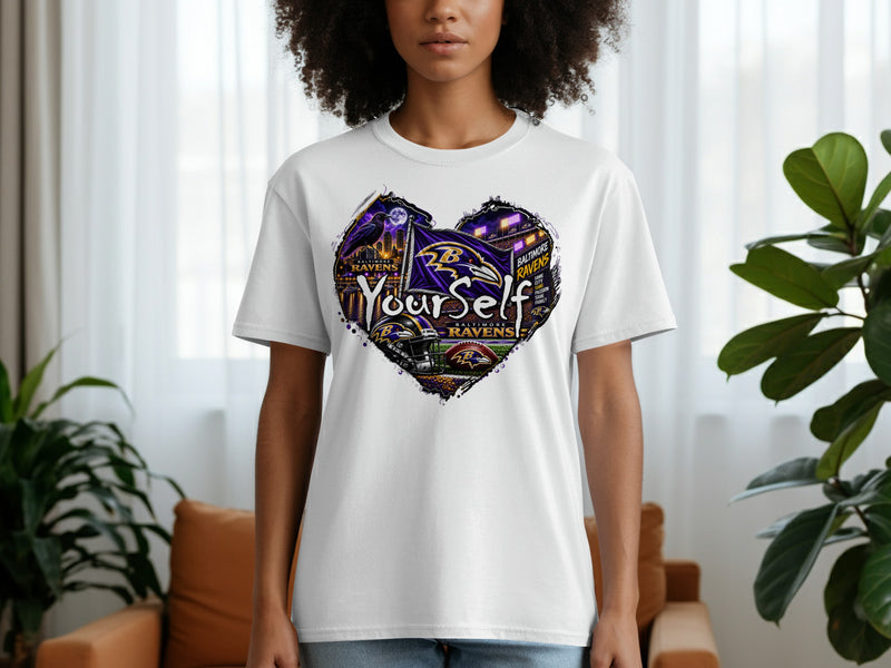 Load image into Gallery viewer, Baltimore Ravens heart graphic with text "Yourself" on a white t-shirt.
