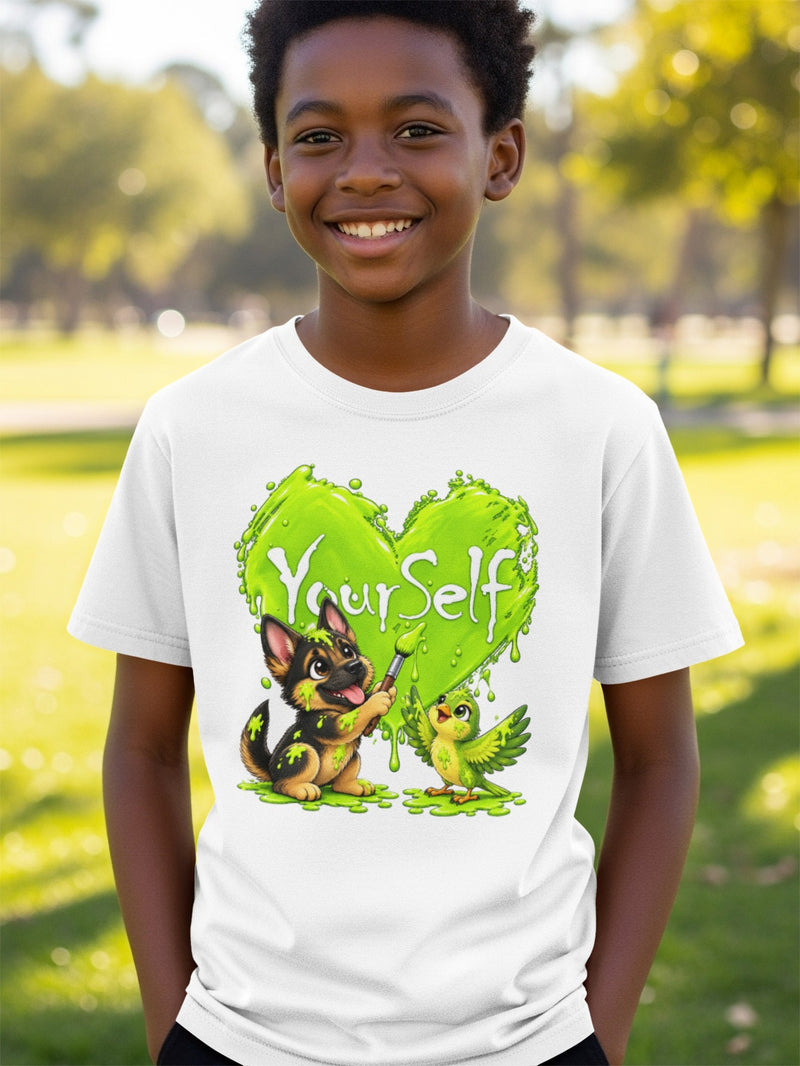 Load image into Gallery viewer, T-shirt with a puppy and bird painting a bright green heart with "YourSelf" on it.

