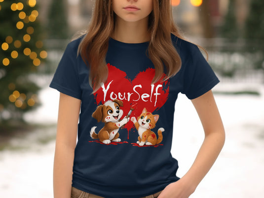 Navy t-shirt with a red heart and text 