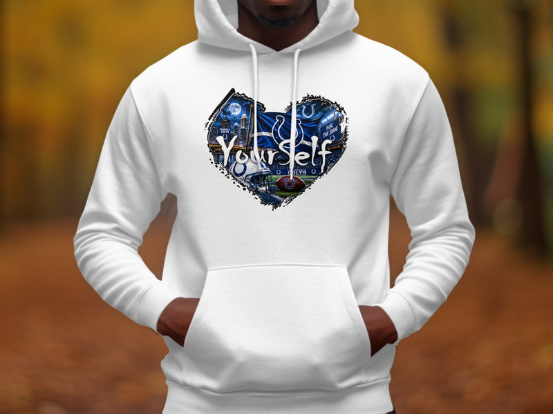 Load image into Gallery viewer, White hoodie with heart-shaped Indianapolis Colts graphic featuring stadium, football, and text.
