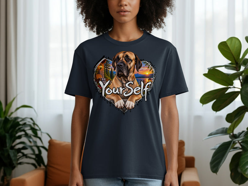 Load image into Gallery viewer, Dark t-shirt with heart graphic featuring a mastiff dog, cabin, and sunset.
