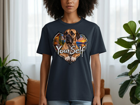 Dark t-shirt with heart graphic featuring a mastiff dog, cabin, and sunset.
