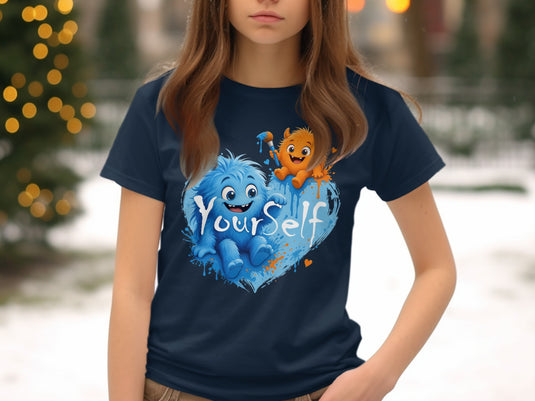 Blue and orange monsters on a heart with the text 
