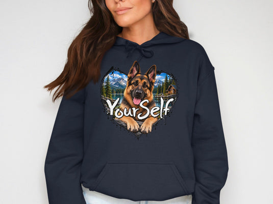 German Shepherd in heart frame with mountains and lake, text "YourSelf".
