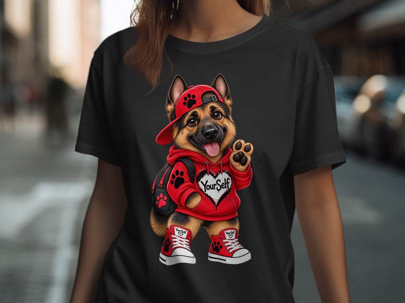 Load image into Gallery viewer, German Shepherd dog wearing a red hoodie with "YourSelf" and a backpack.
