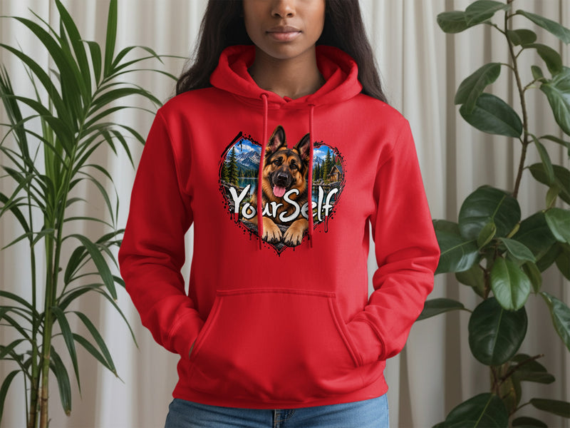 Load image into Gallery viewer, Red hoodie with German Shepherd graphic and "YourSelf" text within a heart.
