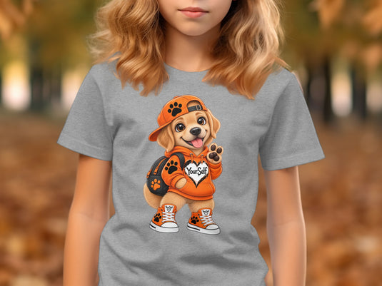 Dog with orange hat and hoodie, paw print logo, text "Yourself".
