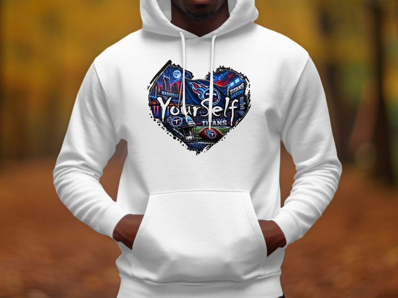 Load image into Gallery viewer, White hoodie with a heart graphic featuring Nashville Titans imagery and text.
