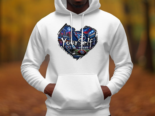 White hoodie with a heart graphic featuring Nashville Titans imagery and text.