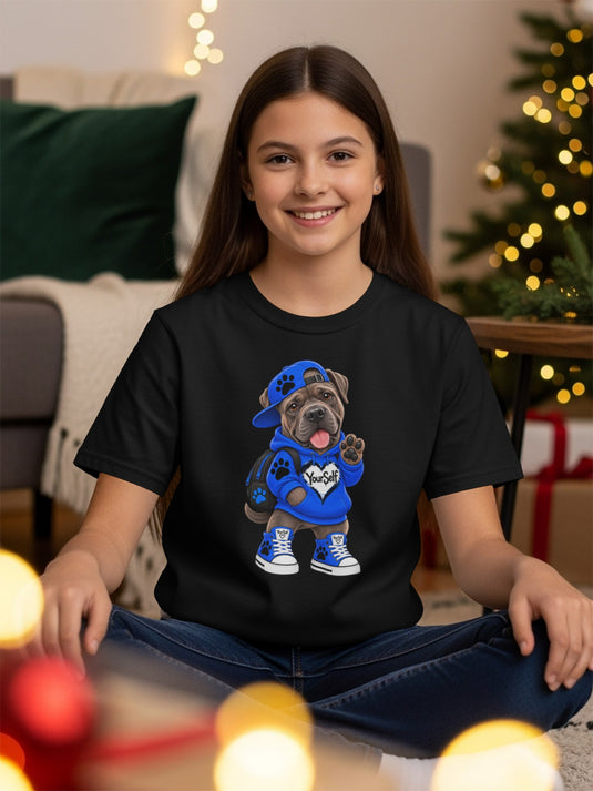 Black t-shirt with a graphic of a blue-clad dog wearing a hat and sneakers, saying "YourSelf."