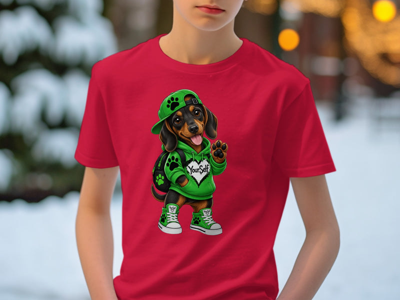 Load image into Gallery viewer, Dachshund wearing green hoodie, cap, backpack, and sneakers with "YourSelf" text.
