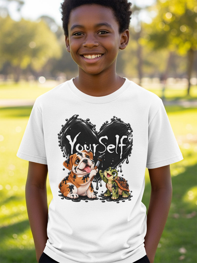 Load image into Gallery viewer, White t-shirt with cartoon bulldog and turtle painting "Your Self" on a black heart.
