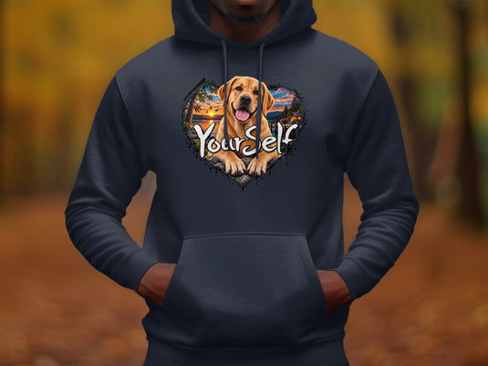 Dark navy hoodie with a heart graphic of a happy yellow lab at sunset with the text "Yourself".