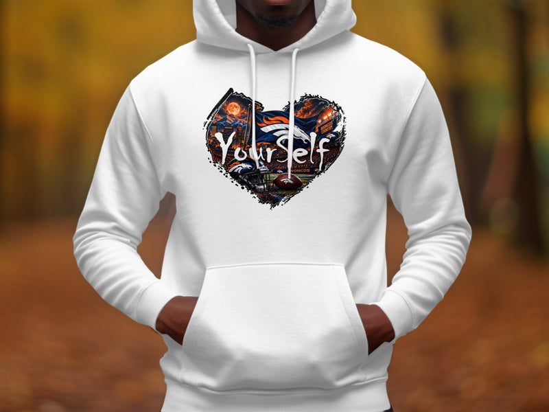 Load image into Gallery viewer, White hoodie with a heart graphic featuring Denver Broncos team elements and text.
