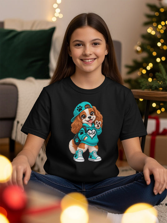 Black t-shirt with a cartoon dog wearing a hoodie and hat, with "YourSelf" on the hoodie.
