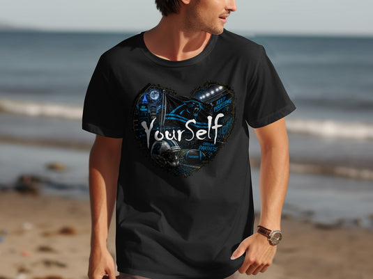 Black t-shirt with Carolina Panthers logo and 