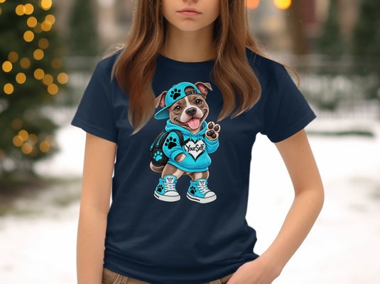 Dog wearing blue hoodie and sneakers with 
