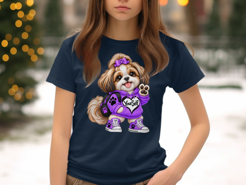 Load image into Gallery viewer, Shih Tzu dog wearing purple hoodie, backpack, and sneakers with text "Your Self."
