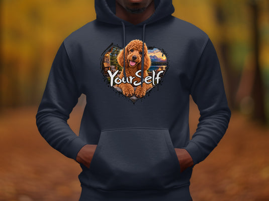 Poodle in heart-shaped cabin scene with text "YourSelf" on dark hoodie.