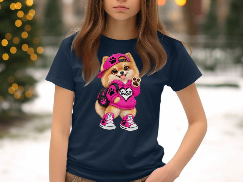 Load image into Gallery viewer, Pomeranian dog wearing pink hoodie and hat with "Yourself" text.
