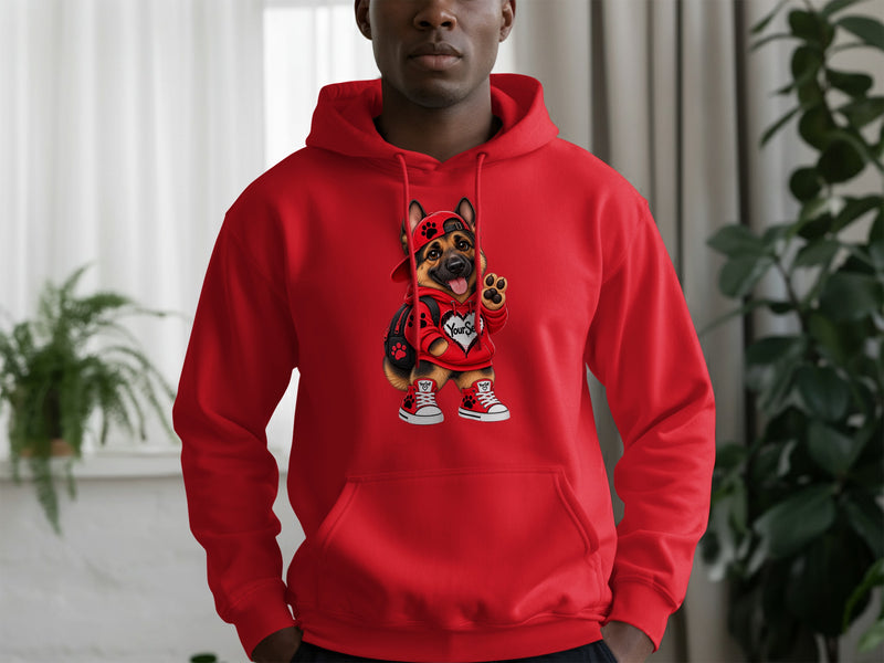 Load image into Gallery viewer, Red hoodie with a German Shepherd dog graphic wearing a red cap and sneakers.
