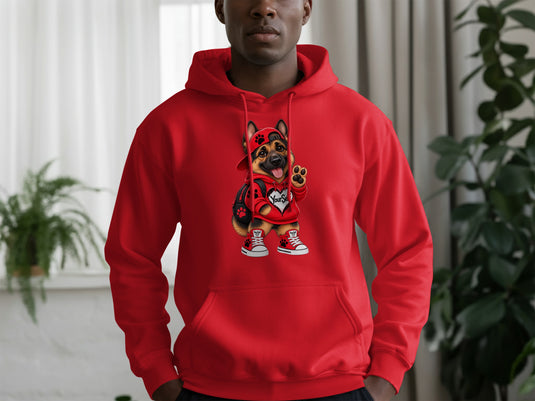 Red hoodie with a German Shepherd dog graphic wearing a red cap and sneakers.