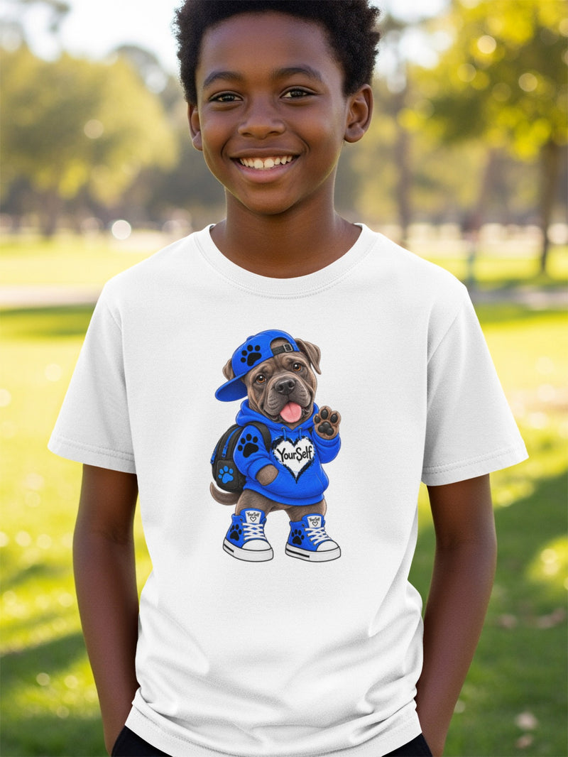 Load image into Gallery viewer, White t-shirt featuring a cartoon dog wearing a blue hoodie and hat, with "YourSelf" on the hoodie.
