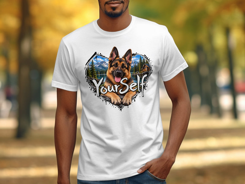 Load image into Gallery viewer, White t-shirt with a German Shepherd peeking through a heart-shaped frame with text.
