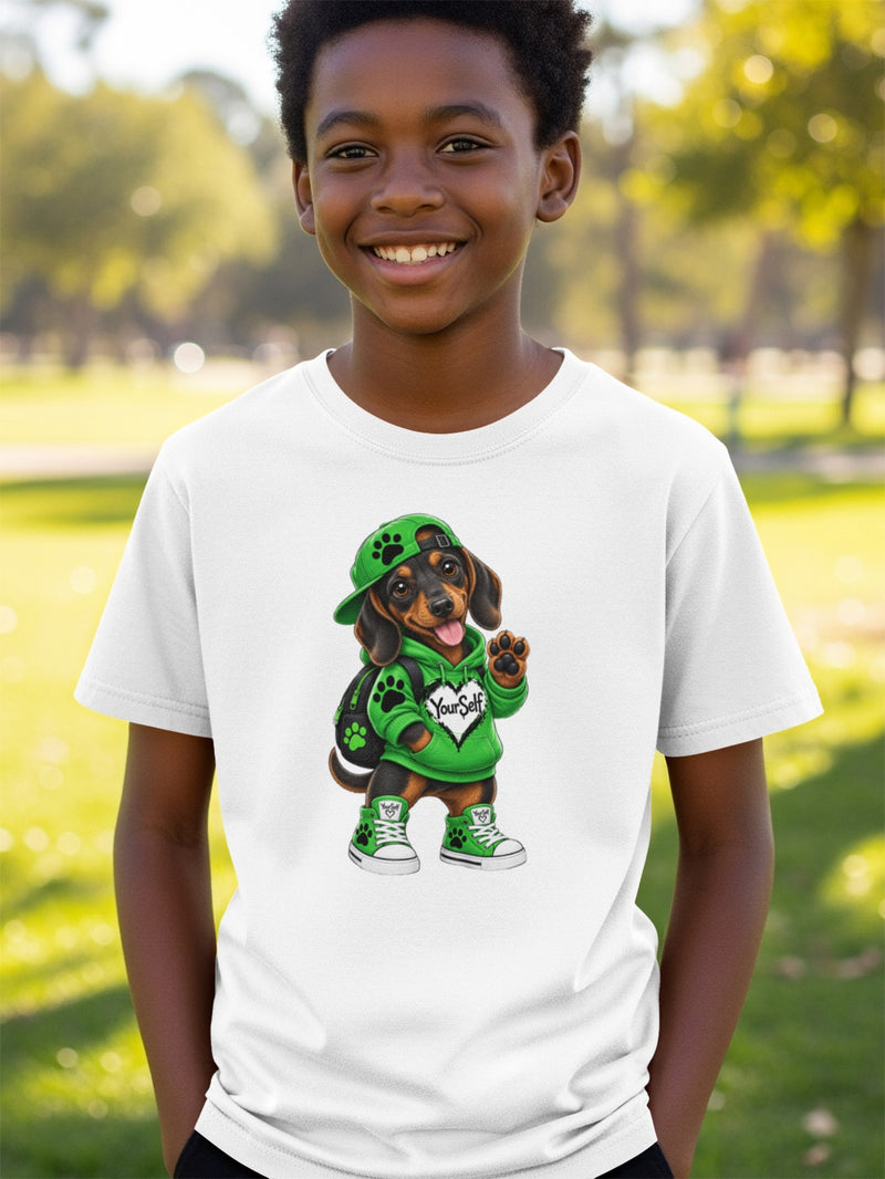 Load image into Gallery viewer, White t-shirt with a cartoon dachshund wearing a green hoodie and cap, with "YourSelf" on the hoodie.
