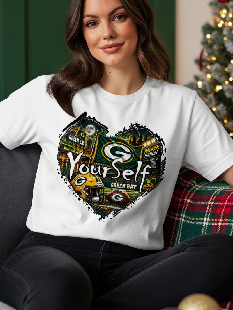 Load image into Gallery viewer, Green Bay Packers graphic on white t-shirt with "Yourself" text and football imagery.
