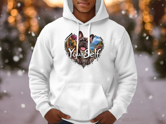 White hoodie with a heart graphic featuring a French bulldog and "Your Self" text.