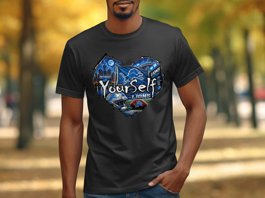 Detroit Lions heart graphic with city skyline, stadium, helmet, and football.