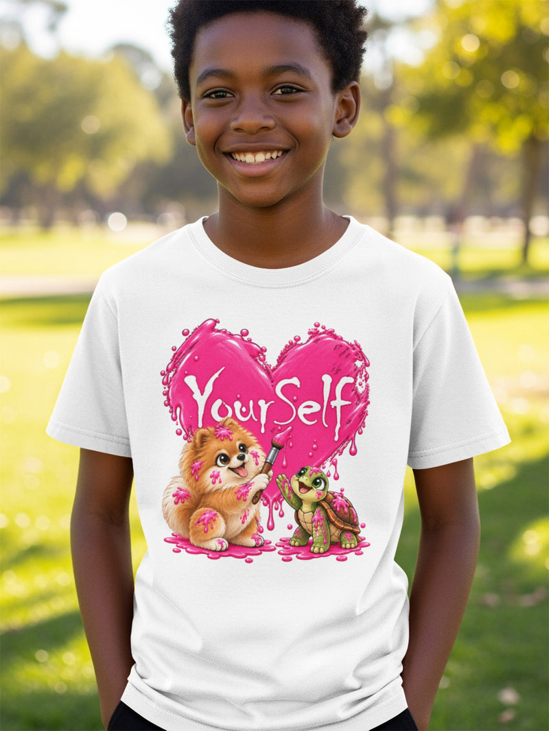 Load image into Gallery viewer, White t-shirt with cartoon dog and turtle painting a pink heart with "YourSelf" text.

