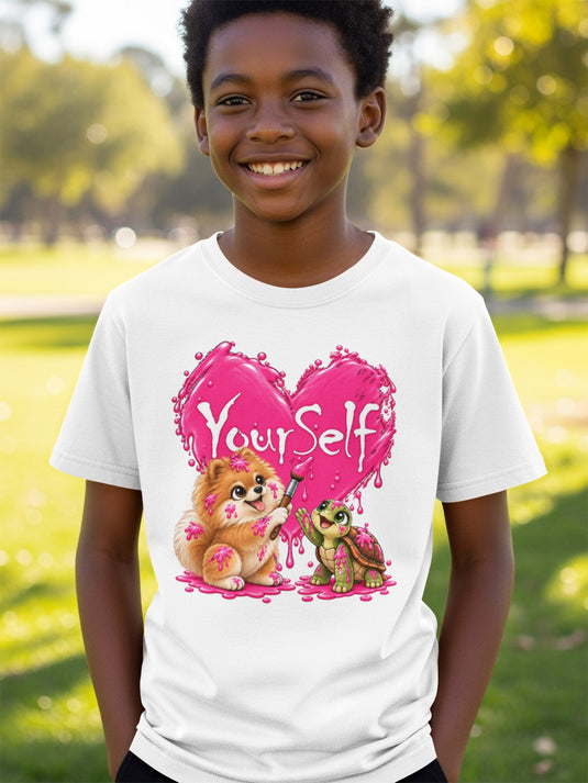 White t-shirt with cartoon dog and turtle painting a pink heart with "YourSelf" text.