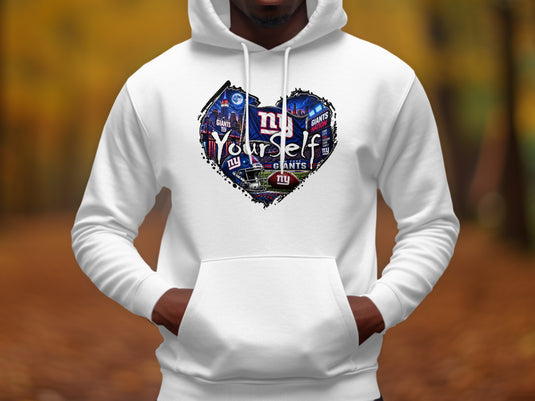 White hoodie with a heart-shaped New York Giants graphic and 