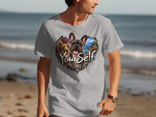 French bulldog wearing a floral collar on a t-shirt with the text 
