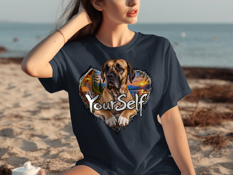 Load image into Gallery viewer, T-shirt with a dog and "YourSelf" text inside a heart-shaped landscape.
