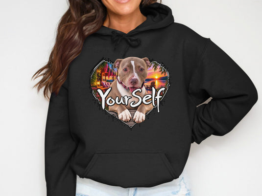 Black hoodie with pit bull and tropical sunset scene within a heart, reading 