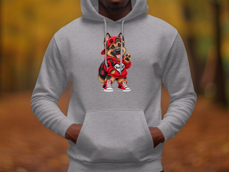 Load image into Gallery viewer, German Shepherd dog wearing red hoodie, cap, and sneakers, with "YourSelf" text.
