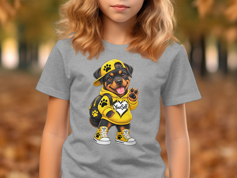 Load image into Gallery viewer, T-shirt graphic: Rottweiler puppy in yellow hoodie, backpack, and sneakers, with "YourSelf" text.
