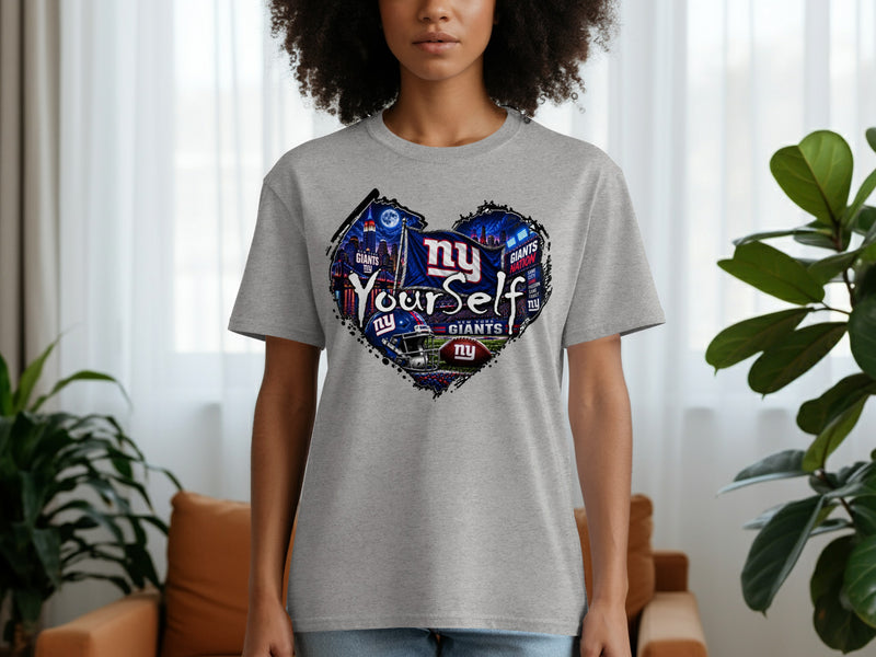 Load image into Gallery viewer, New York Giants heart graphic with cityscape and football helmet.
