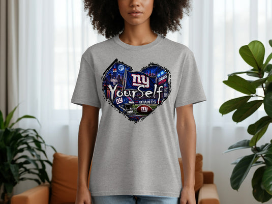 New York Giants heart graphic with cityscape and football helmet.
