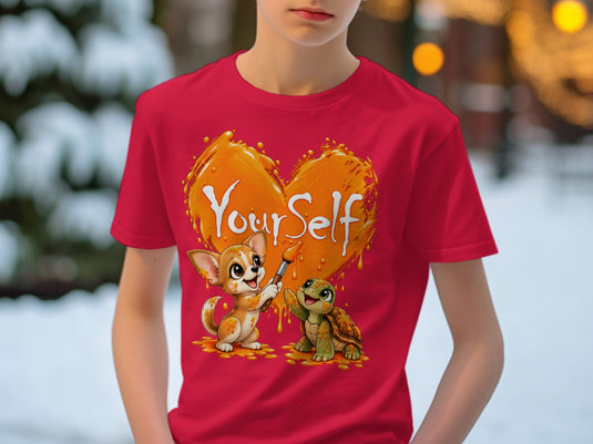 Chihuahua and turtle painting an orange heart with 