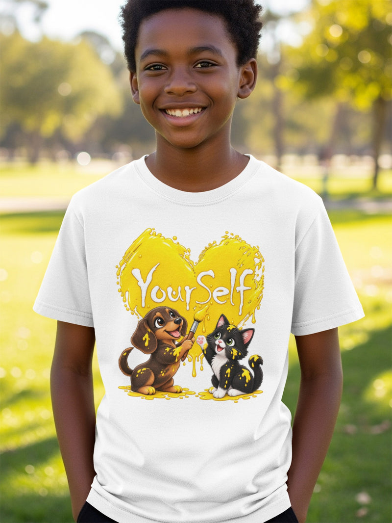 Load image into Gallery viewer, White t-shirt with cartoon dog painting "Your Self" on a yellow heart with a cat.
