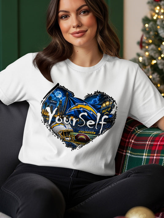 White t-shirt with Los Angeles Chargers graphic featuring 