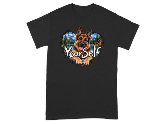 German Shepherd with landscape inside heart on black t-shirt, text 